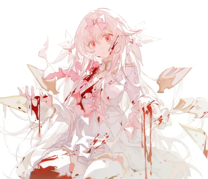 1girl,breasts,bangs,solo,closed_mouth,sitting,hair_between_eyes,very_long_hair,blood_on_hands,simple_background,white_hair,white_background,white_thighhighs,white_dress,looking_at_viewer,vertical,pink_hair,pink_bow,red_eyes,blood_on_face,bow,hair_bow,blood,blood_on_clothes,thighhighs,dress,long_hair,long_sleeves