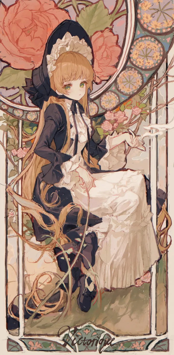 1girl,full_body,bangs,solo,bonnet,closed_mouth,sitting,wide_sleeves,very_long_hair,holding,art_nouveau,expressionless,lolita_fashion,smoke,smoking_pipe,blunt_bangs,looking_at_viewer,vertical,pink_flower,red_flower,green_eyes,frills,frilled_sleeves,frilled_dress,absurdly_long_hair,dress,blonde_hair,long_hair,long_sleeves,shoes,flower,black_headwear,black_dress,black_footwear