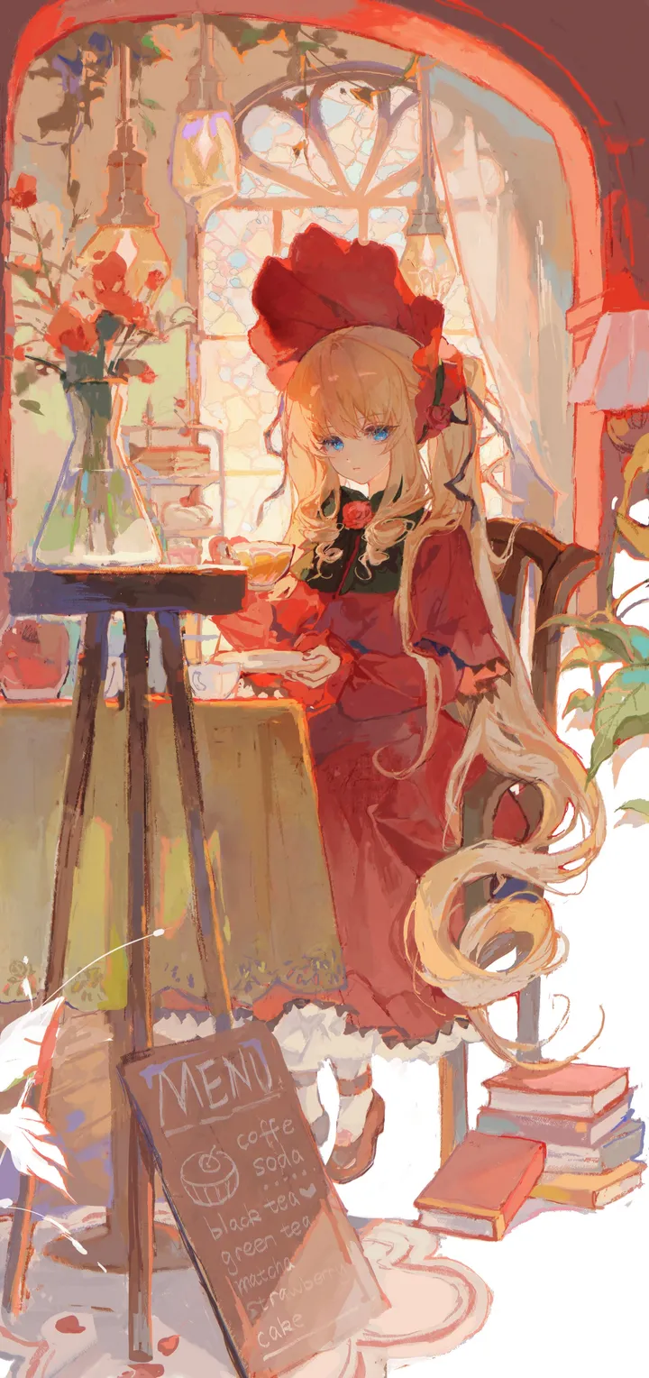 1girl,ribbon,book,book_stack,full_body,bangs,solo,twintails,bonnet,closed_mouth,sitting,sidelocks,indoors,capelet,very_long_hair,holding_cup,holding,cup,table,brown_footwear,chair,plant,lolita_fashion,mary_janes,rose,plate,looking_at_viewer,window,vertical,red_headwear,red_capelet,red_rose,red_flower,red_dress,vase,frills,teacup,saucer,blue_eyes,bow,dress,blonde_hair,long_hair,long_sleeves,shoes,bowtie,flower,black_ribbon