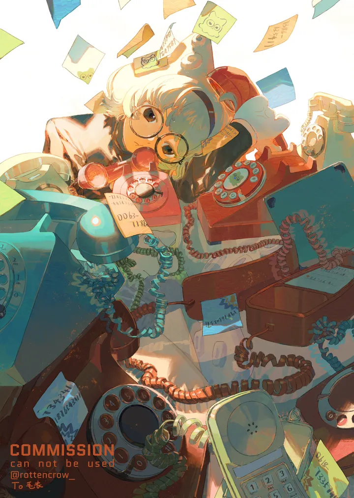 1girl,book,solo,hairband,round_eyewear,phone,corded_phone,white_hair,looking_at_viewer,glasses,short_hair,vertical,paper,english_text,long_sleeves