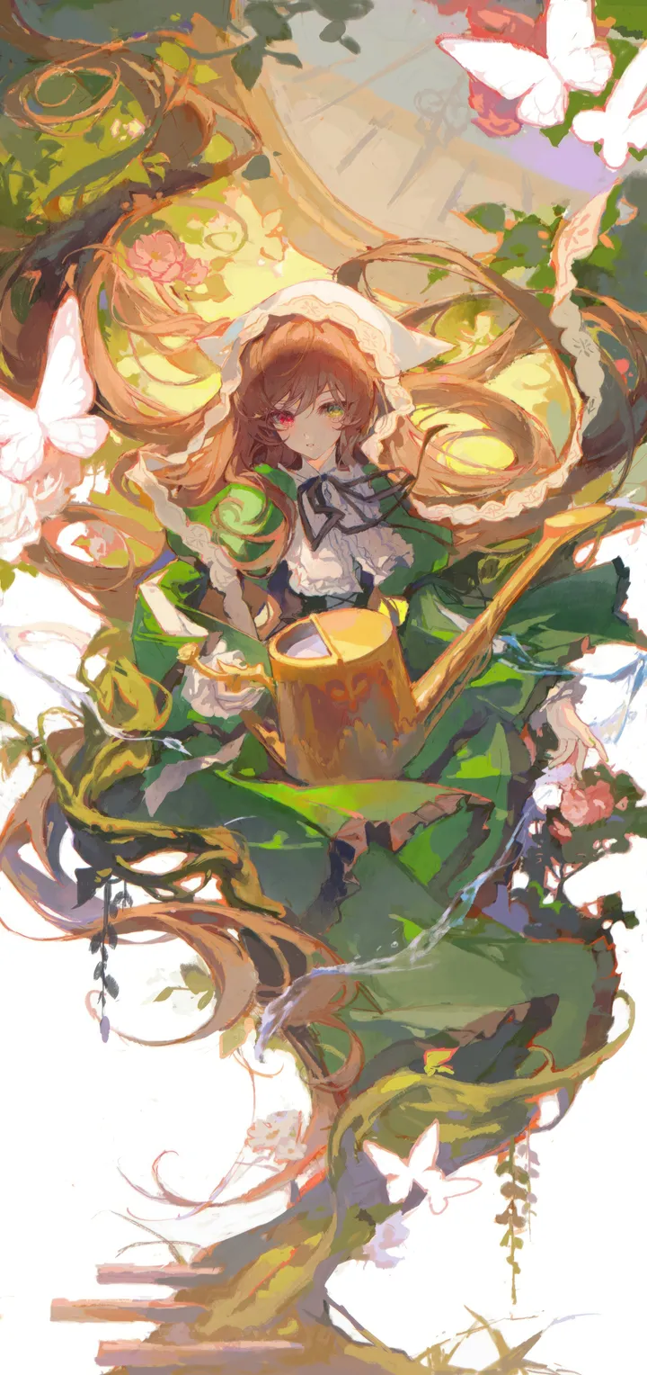 1girl,ribbon,bangs,solo,closed_mouth,heterochromia,very_long_hair,holding,brown_hair,watering_can,looking_at_viewer,vertical,red_eyes,green_eyes,green_dress,frills,bug,butterfly,absurdly_long_hair,dress,long_hair,long_sleeves,neck_ribbon,floating_hair,flower,black_ribbon