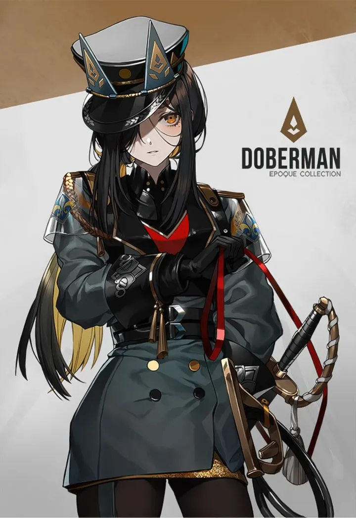 1girl,cowboy_shot,sheathed,animal_ears,military,saber_weapon,military_hat,military_uniform,bangs,uniform,sword,sheath,solo,character_name,closed_mouth,sidelocks,jacket,official_alternate_costume,hat,gloves,peaked_cap,weapon,mole_under_eye,grey_jacket,mole,looking_at_viewer,vertical,standing,buttons,adjusting_clothes,pantyhose,blonde_hair,long_hair,long_sleeves,black_hair,black_headwear,black_gloves,black_pantyhose