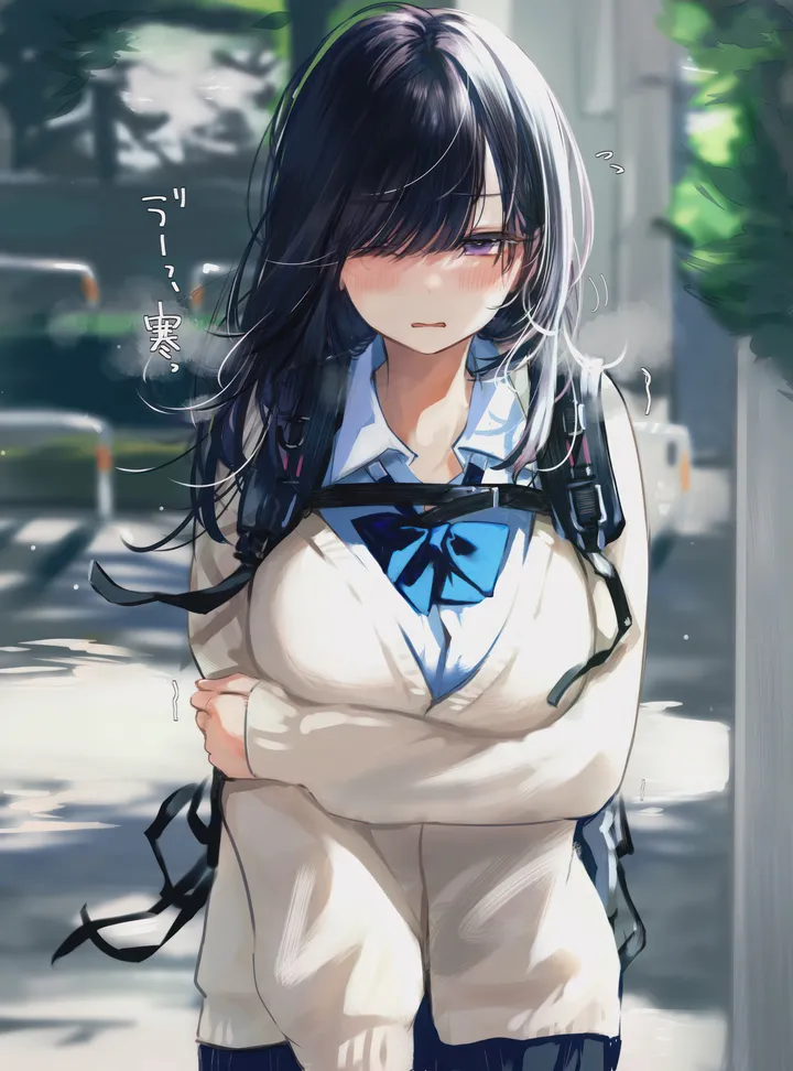 1girl,breasts,bangs,bag,solo,backpack,hair_over_one_eye,cardigan,parted_lips,outdoors,holding_own_arm,collared_shirt,school_uniform,blurry,blurry_background,arm_under_breasts,white_shirt,pleated_skirt,looking_at_viewer,skirt,vertical,purple_eyes,blush,blue_skirt,blue_bow,blue_bowtie,bow,street,shirt,road,large_breasts,long_hair,long_sleeves,bowtie,black_hair,black_skirt