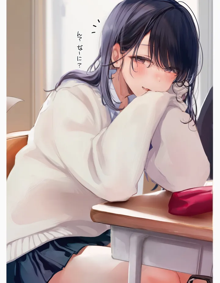 1girl,desk,bangs,bag,solo,sitting,indoors,head_rest,classroom,school_uniform,chair,sweater,mole,pleated_skirt,looking_at_viewer,skirt,vertical,smile,blush,blue_skirt,sleeves_past_wrists,school_desk,long_hair,long_sleeves,black_hair