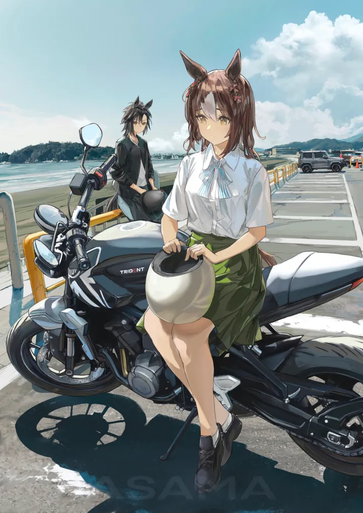 2girls,clover_hair_ornament,medium_hair,cloud,animal_ears,bangs,hands_in_pockets,two-tone_hair,closed_mouth,ground_vehicle,sitting,multiple_girls,multicolored_hair,sky,hair_ornament,helmet,jacket,tail,outdoors,streaked_hair,helmet_removed,motorcycle_helmet,motorcycle,collared_shirt,motor_vehicle,brown_hair,watermark,day,white_hair,white_shirt,short_sleeves,skirt,vertical,green_skirt,shirt,shirt_tucked_in,pants,long_hair,shoes,bowtie,horse_girl,horse_tail,horse_ears,yellow_eyes,black_hair,black_jacket,black_pants,black_footwear