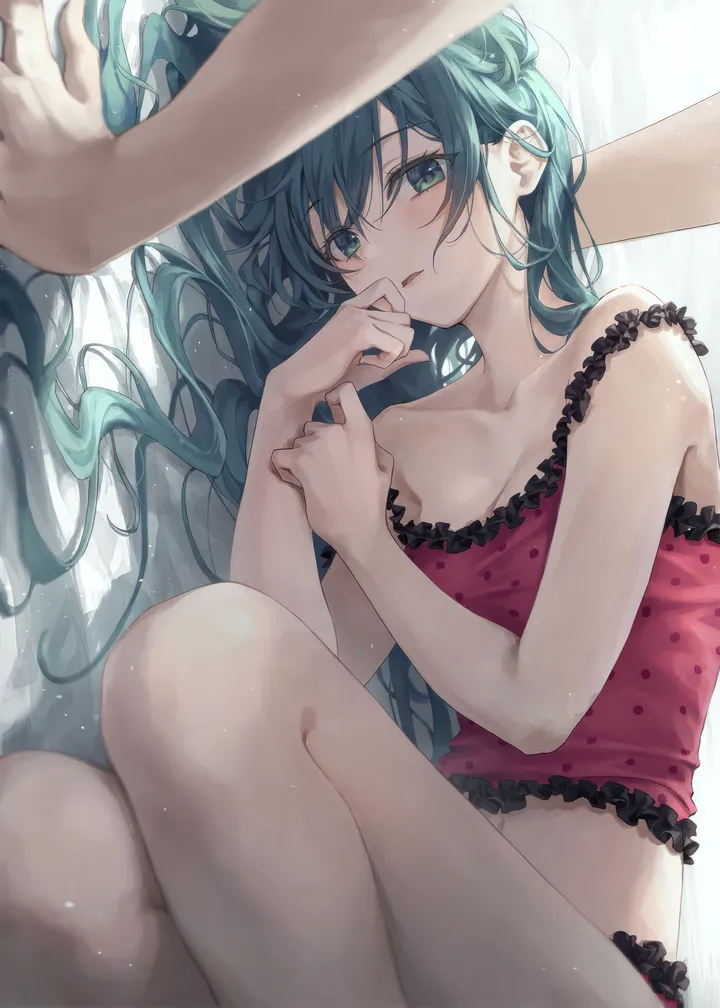 1girl,breasts,cleavage,on_side,underwear,panties,bangs,solo_focus,polka_dot,on_bed,camisole,bed_sheet,parted_lips,hair_down,aqua_hair,aqua_eyes,looking_at_viewer,vertical,pov,blush,frills,bare_arms,lying,collarbone,long_hair,bare_shoulders