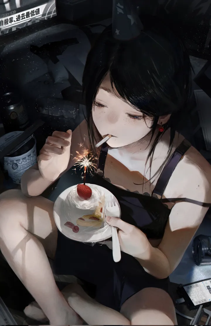 1girl,cake_slice,solo,utensil_in_mouth,beer_can,sitting,hat,sparkler,phone,lighter,holding,holding_fork,can,smartphone,fruit,party_hat,fireworks,jewelry,birthday_cake,mouth_hold,plate,cellphone,vertical,earrings,strawberry,strawberry_shortcake,cake,strap_slip,barefoot,dress,long_hair,freckles,food,fork,cigarette,black_hair