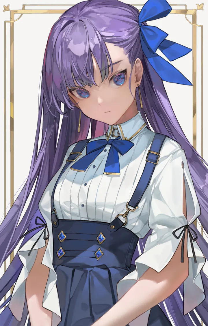 1girl,ribbon,breasts,bangs,solo,suspender_skirt,closed_mouth,hair_ribbon,very_long_hair,collared_shirt,jewelry,white_shirt,looking_at_viewer,short_sleeves,skirt,alternate_costume,vertical,purple_hair,earrings,suspenders,blue_ribbon,blue_eyes,blue_skirt,puffy_sleeves,bow,shirt,small_breasts,long_hair,neck_ribbon,high-waist_skirt