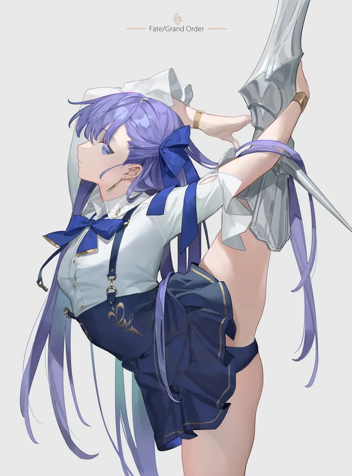 1girl,ribbon,breasts,prosthesis,underwear,panties,bangs,split,solo,standing_on_one_leg,leg_up,suspender_skirt,thighs,hair_ribbon,very_long_hair,simple_background,jewelry,white_background,white_shirt,looking_at_viewer,skirt,vertical,standing,standing_split,purple_hair,earrings,suspenders,blue_ribbon,blue_panties,blue_eyes,blue_skirt,shirt,small_breasts,long_hair,long_sleeves,high-waist_skirt