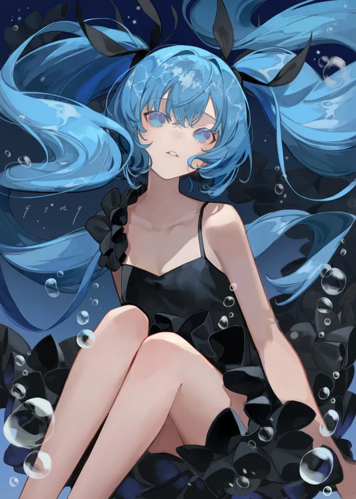 1girl,ribbon,breasts,cleavage,bangs,solo,feet_out_of_frame,twintails,sitting,hair_ribbon,hair_between_eyes,very_long_hair,parted_lips,knees_up,sleeveless,sleeveless_dress,air_bubble,underwater,bubble,looking_at_viewer,vertical,frills,frilled_dress,blue_hair,blue_eyes,blue_background,bare_legs,bare_arms,small_breasts,dress,collarbone,long_hair,bare_shoulders,floating_hair,black_ribbon,black_dress