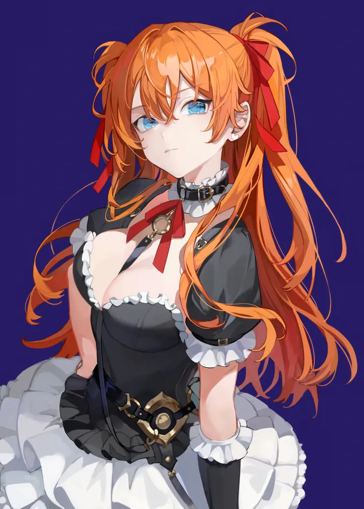 1girl,ribbon,medium_breasts,breasts,cleavage,bangs,solo,hand_on_hip,closed_mouth,hair_ribbon,between_breasts,two_side_up,hair_between_eyes,gloves,simple_background,orange_hair,white_skirt,looking_at_viewer,short_sleeves,skirt,alternate_costume,vertical,red_ribbon,frills,frilled_skirt,frilled_sleeves,frilled_dress,blue_eyes,blue_background,puffy_short_sleeves,dress,long_hair,elbow_gloves,choker,collar,black_gloves,black_dress,black_choker