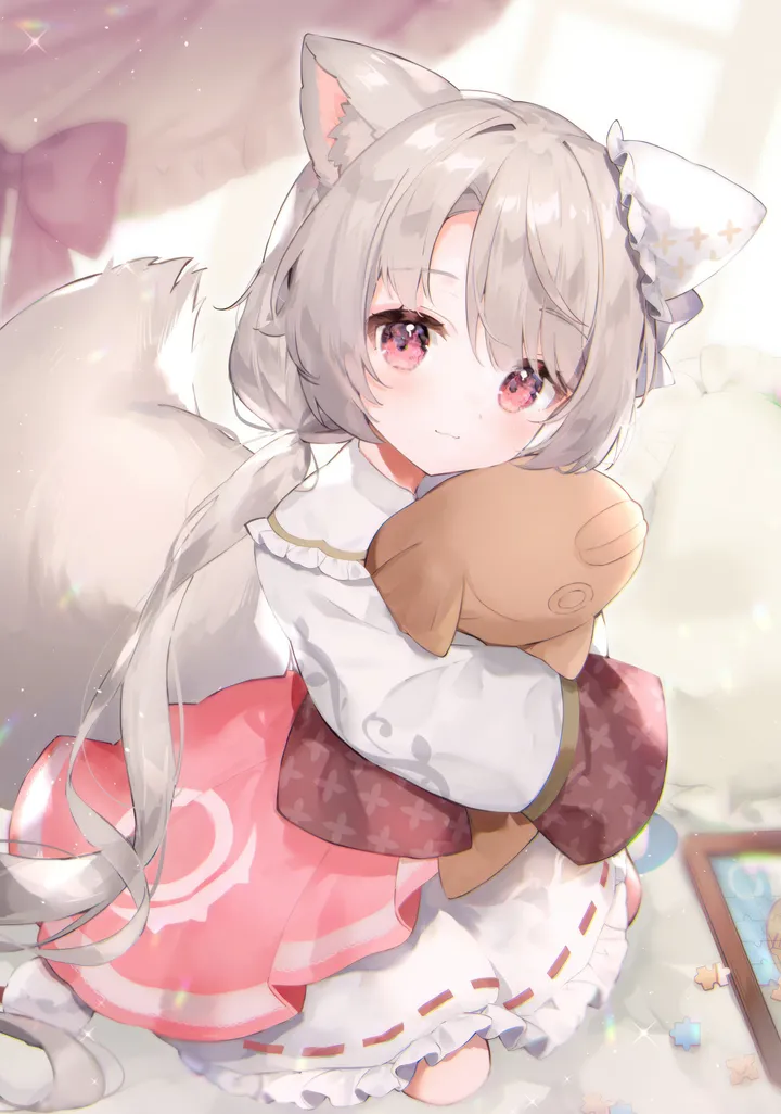 1girl,virtual_youtuber,low_twintails,animal_ears,bangs,solo,twintails,closed_mouth,sitting,indoors,tail,hat,very_long_hair,object_hug,depth_of_field,pillow,blurry,blurry_background,stuffed_toy,grey_hair,fox_girl,fox_tail,fox_ears,white_shirt,looking_at_viewer,skirt,window,curtains,vertical,smile,candy_wrapper,red_eyes,animal_ear_fluff,blush,frills,frilled_skirt,frilled_dress,bow,shirt,sleeves_past_wrists,dress,mini_hat,long_hair,long_sleeves,food