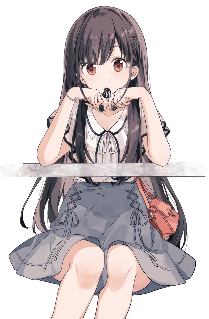 1girl,x_hair_ornament,ribbon,bangs,bag,solo,shoulder_bag,hands_up,feet_out_of_frame,hairclip,sitting,hair_ornament,chocolate,very_long_hair,handbag,holding,holding_food,simple_background,table,brown_eyes,grey_skirt,white_background,white_shirt,looking_at_viewer,short_sleeves,skirt,vertical,covered_mouth,shirt,collarbone,long_hair,neck_ribbon,food,black_ribbon,black_hair