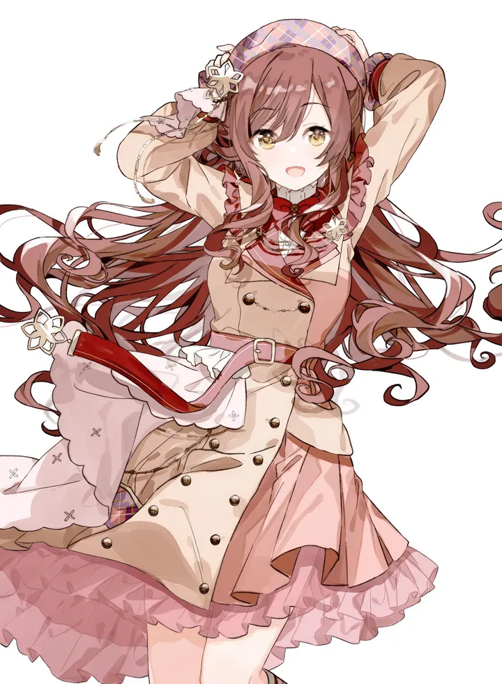 1girl,arms_up,bangs,solo,hat,hair_between_eyes,open_mouth,simple_background,brown_hair,brown_dress,white_background,belt,looking_at_viewer,vertical,smile,pink_dress,buttons,frills,frilled_dress,beret,dress,long_hair,long_sleeves,yellow_eyes