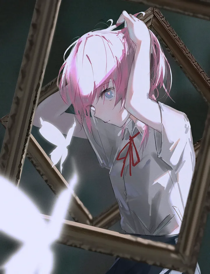 1girl,virtual_youtuber,ribbon,medium_hair,bangs,solo,closed_mouth,tying_hair,collared_shirt,school_uniform,white_shirt,pleated_skirt,picture_frame,looking_at_viewer,short_sleeves,skirt,vertical,pink_hair,red_ribbon,film_grain,blue_eyes,bug,butterfly,shirt,neck_ribbon,black_skirt