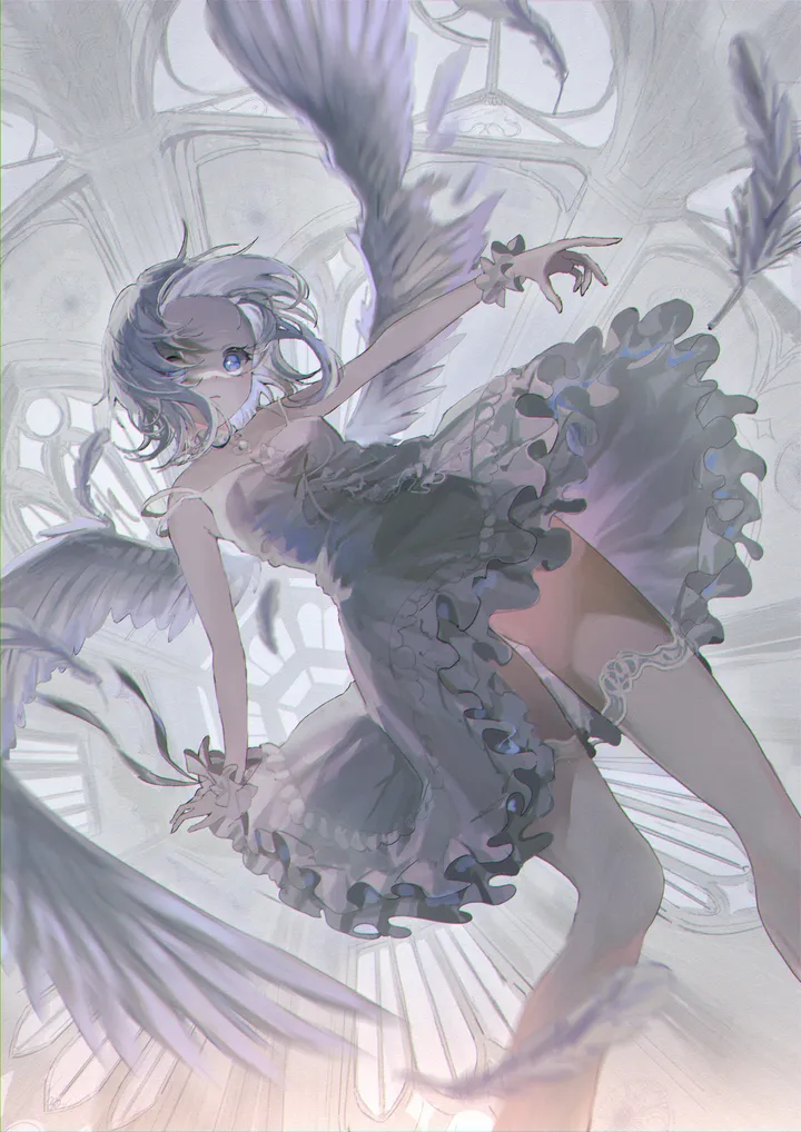 1girl,one_eye_covered,ribbon,breasts,from_below,solo,feet_out_of_frame,multicolored_hair,angel_wings,grey_hair,grey_dress,white_hair,white_dress,looking_at_viewer,short_hair,vertical,feathers,feathered_wings,wings,frills,frilled_dress,blue_eyes,strap_slip,dress,bare_shoulders,black_nails