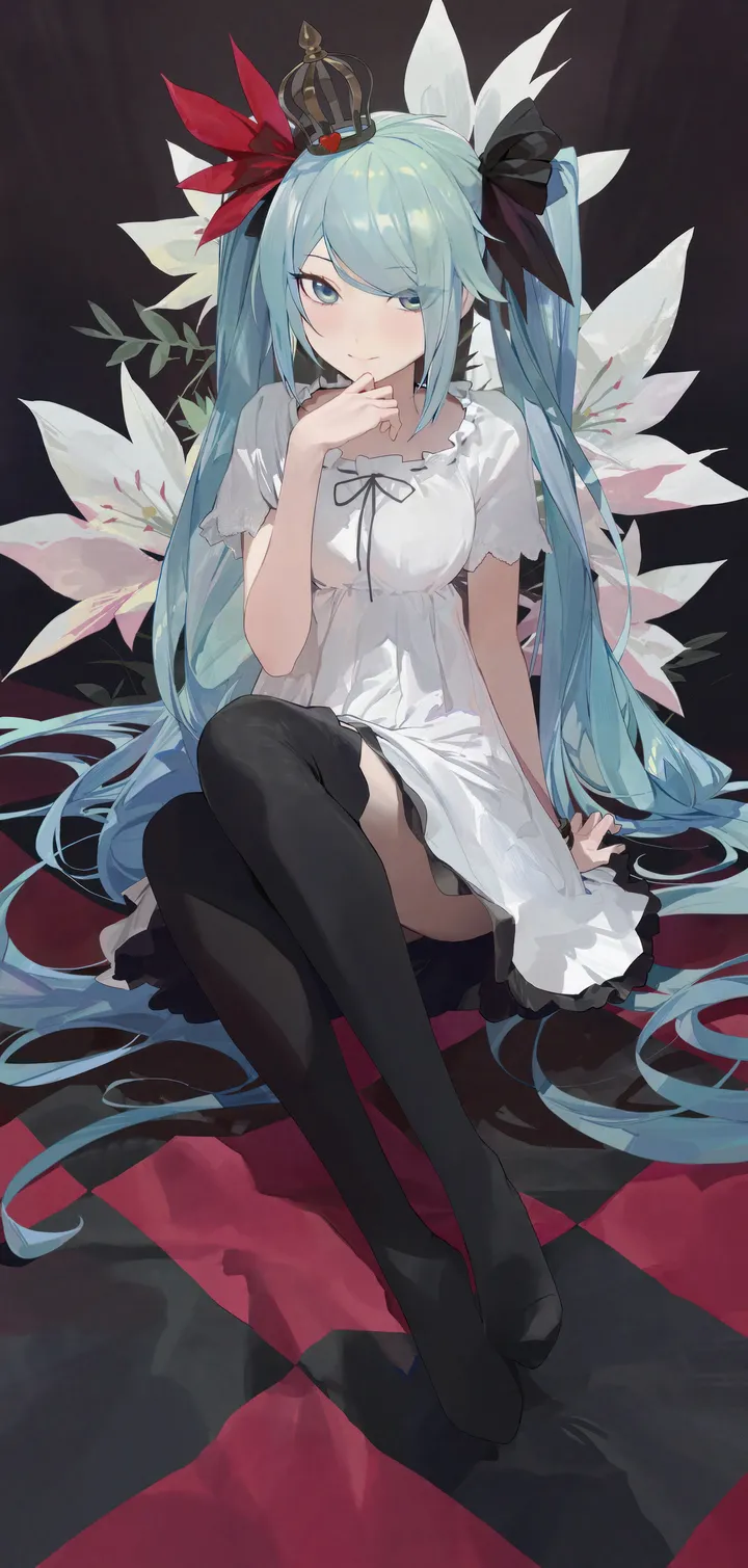 1girl,ribbon,full_body,bangs,solo,twintails,closed_mouth,sitting,hair_ribbon,hair_ornament,very_long_hair,arm_support,checkered_floor,aqua_hair,aqua_eyes,no_shoes,white_dress,crown,looking_at_viewer,short_sleeves,vertical,blue_hair,blue_eyes,thighhighs,dress,mini_crown,long_hair,flower,black_ribbon,black_thighhighs