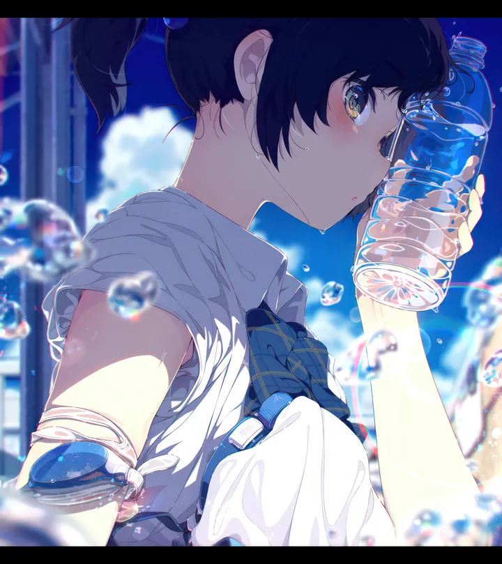 1girl,cloud,upper_body,from_side,profile,bangs,solo,summer,sky,hair_ornament,outdoors,holding,holding_bottle,depth_of_field,collared_shirt,striped_bow,striped_bowtie,school_uniform,blurry,blurry_background,water_drop,water_bottle,ramune,bottle,letterboxed,day,white_shirt,looking_at_viewer,short_ponytail,short_hair,short_sleeves,vertical,blush,blue_sky,blue_bow,blue_bowtie,bow,shirt,bowtie,ponytail,black_hair