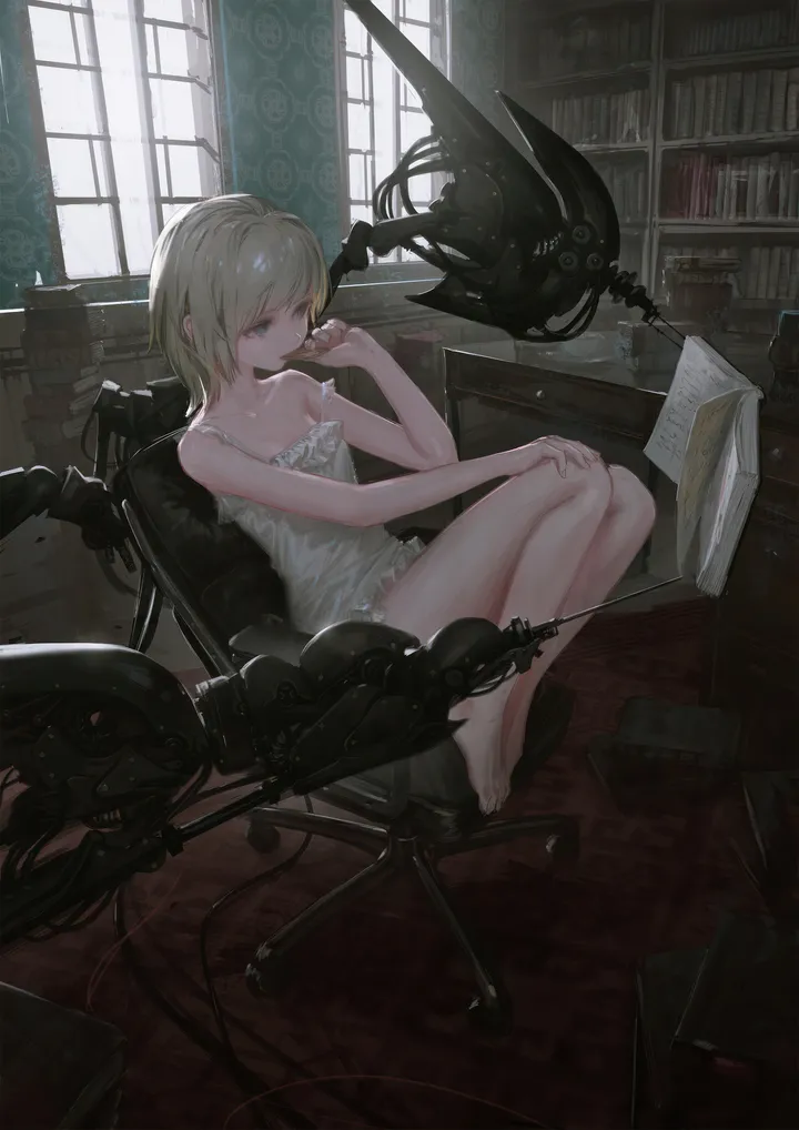 1girl,book,book_stack,bookshelf,bangs,solo,sitting,indoors,hand_on_own_knee,chair,white_dress,short_hair,window,curtains,vertical,open_book,blue_eyes,strap_slip,bare_legs,barefoot,dress,blonde_hair,collarbone,bare_shoulders