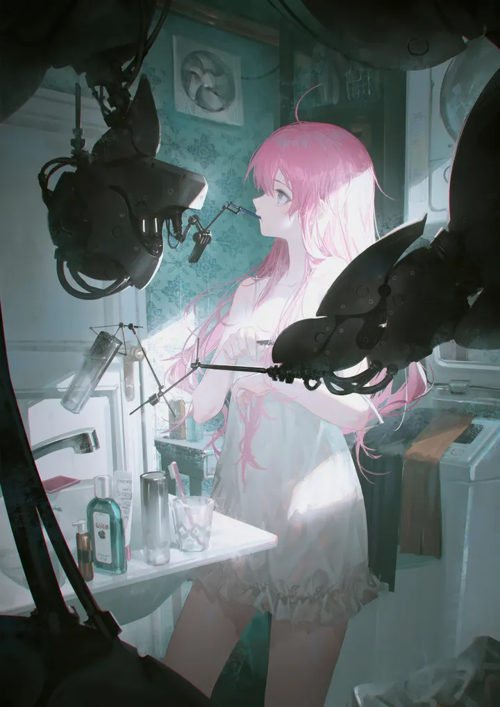 1girl,cowboy_shot,breasts,profile,bangs,solo,reflection,ahoge,indoors,holding,sleeveless,sleeveless_dress,sink,bathroom,toothbrush,bottle,white_dress,vertical,standing,pink_hair,soap_bottle,spaghetti_strap,blue_eyes,strap_slip,dress,collarbone,mirror,long_hair,bare_shoulders