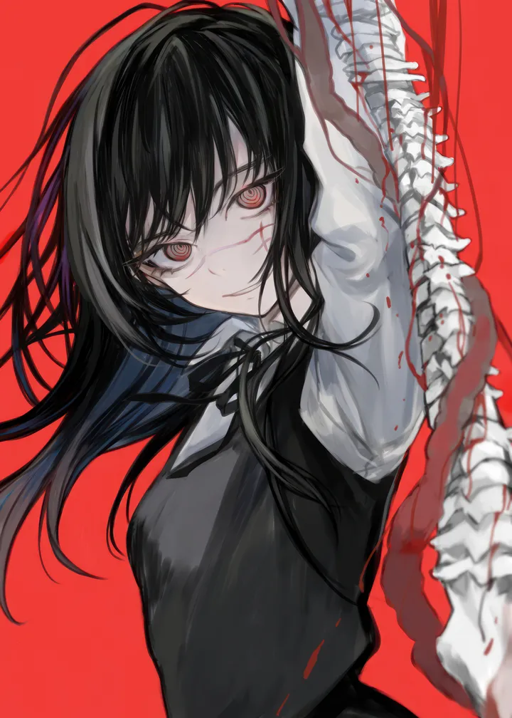 1girl,ribbon,arm_up,cross_scar,upper_body,scar,bangs,solo,ringed_eyes,parted_lips,collared_shirt,simple_background,school_uniform,white_shirt,looking_at_viewer,vertical,smile,red_eyes,red_background,pinafore_dress,spine,scar_on_face,scar_on_cheek,blood,shirt,dress,long_hair,long_sleeves,neck_ribbon,floating_hair,bone,black_ribbon,black_hair,black_dress