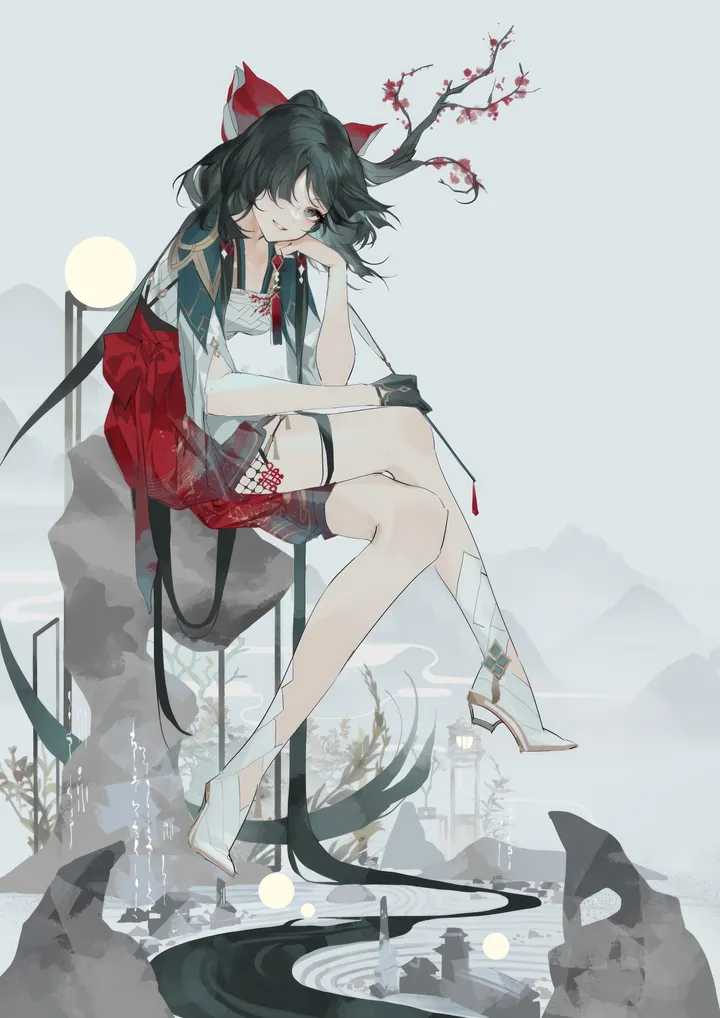 1girl,crossed_legs,full_body,bangs,solo,single_glove,sitting,thigh_strap,hair_over_one_eye,very_long_hair,gloves,branch,water,white_background,white_footwear,looking_at_viewer,alternate_costume,vertical,red_bow,bow,hair_bow,long_hair,high_heels,black_hair,black_gloves