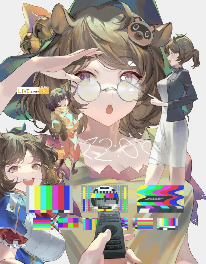 1girl,breasts,animal_ears,leaf,kimono,round_eyewear,multiple_views,leaf_on_head,jacket,tail,open_mouth,holding,japanese_clothes,brown_hair,brown_eyes,raccoon_tail,raccoon_ears,tanuki,looking_at_viewer,glasses,short_hair,short_sleeves,skirt,vertical,smile,large_breasts,bell