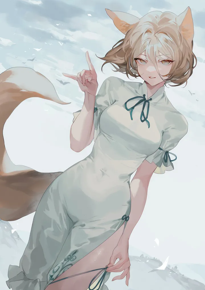 1girl,ribbon,medium_breasts,breasts,animal_ears,bangs,solo,tail,hair_between_eyes,parted_lips,hand_up,simple_background,fox_girl,fox_tail,fox_shadow_puppet,fox_ears,white_background,white_dress,looking_at_viewer,short_hair,short_sleeves,vertical,standing,smile,green_ribbon,romper,dress,blonde_hair,covered_navel,bird,yellow_eyes