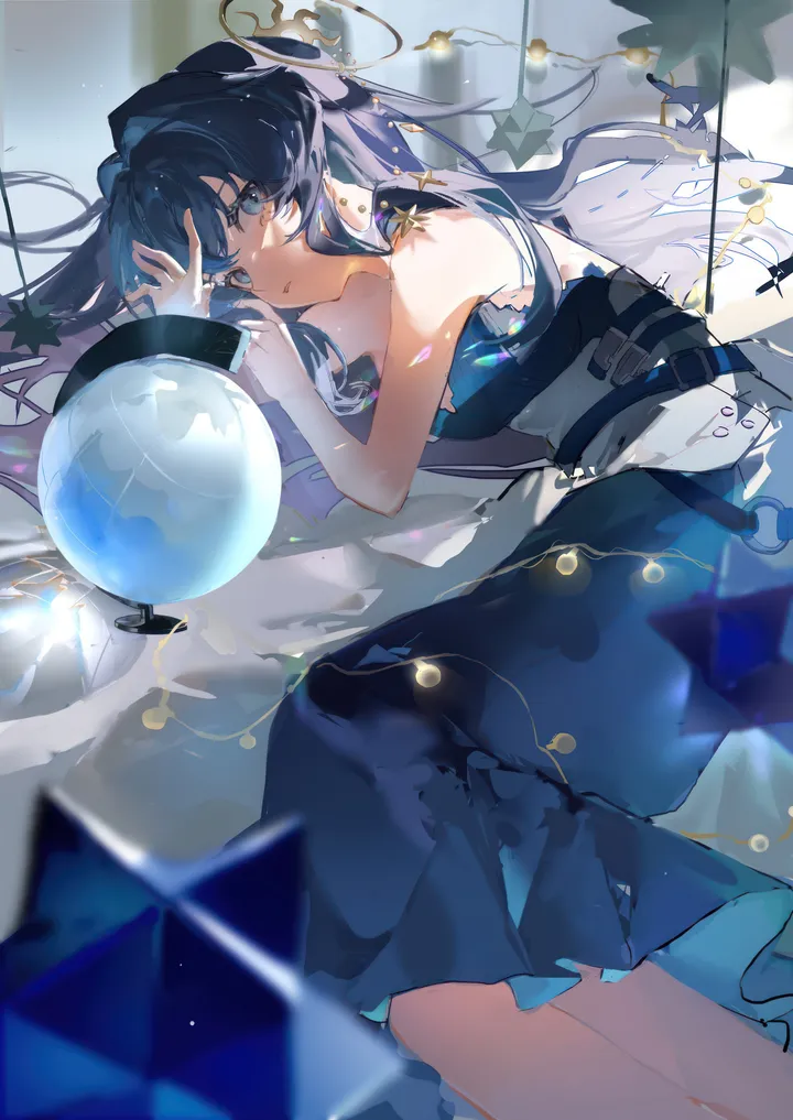 1girl,on_side,bangs,solo,feet_out_of_frame,globe,parted_lips,strapless,strapless_dress,bright_pupils,star_symbol,looking_at_viewer,vertical,diamond_shape,diamond-shaped_pupils,blue_hair,blue_eyes,blue_dress,lying,hair_intakes,dress,long_hair,bare_shoulders