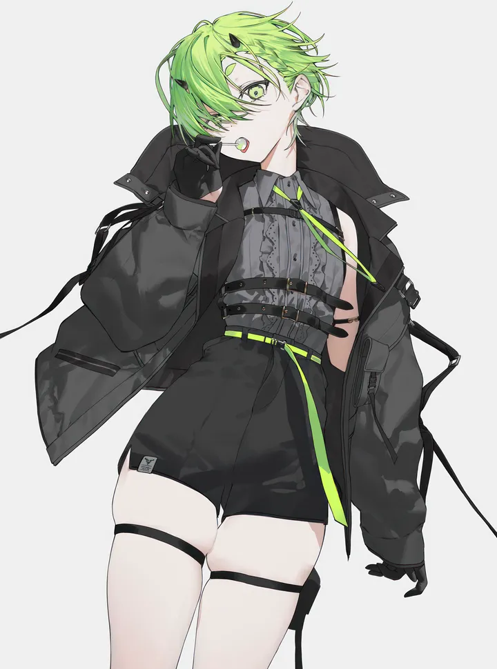 1girl,cowboy_shot,solo,thigh_strap,jacket,hair_between_eyes,open_mouth,gloves,sleeveless,sleeveless_shirt,collared_shirt,simple_background,lollipop,grey_shirt,white_background,belt,looking_at_viewer,short_hair,shorts,vertical,candy,short_shorts,green_hair,green_eyes,shirt,skindentation,horns,open_jacket,open_clothes,long_sleeves,bare_shoulders,off_shoulder,food,black_jacket,black_gloves,black_shorts