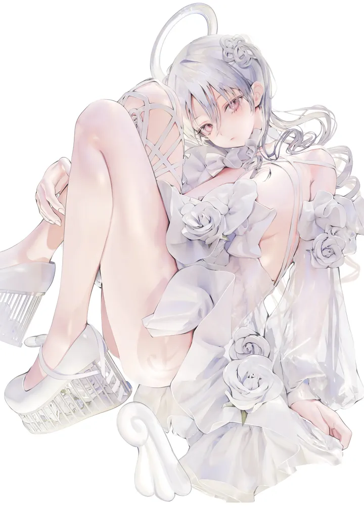 1girl,detached_sleeves,breasts,sideboob,bangs,see-through,solo,closed_mouth,sitting,thighs,halo,hair_flower,hair_ornament,hair_between_eyes,knees_up,simple_background,grey_hair,rose,white_theme,white_hair,white_rose,white_background,white_flower,white_dress,white_footwear,looking_at_viewer,vertical,pink_eyes,large_breasts,dress,long_hair,long_sleeves,high_heels,flower