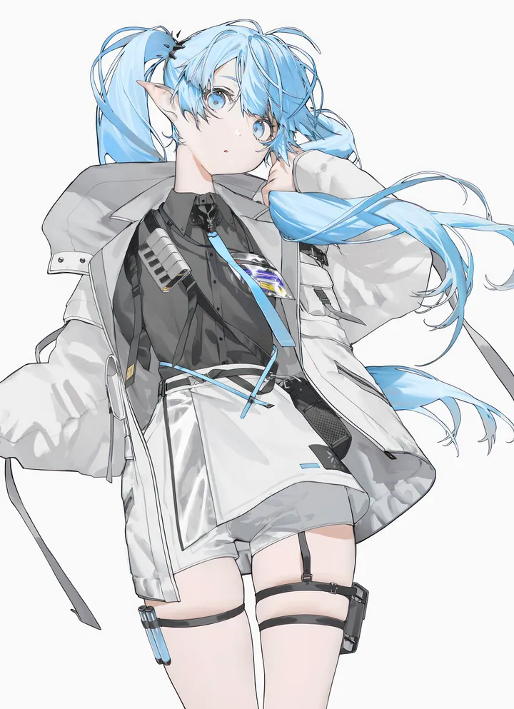 1girl,cowboy_shot,hood,bangs,solo,twintails,thigh_strap,jacket,pointy_ears,parted_lips,collared_shirt,simple_background,hand_in_own_hair,white_jacket,white_shorts,white_background,belt,looking_at_viewer,shorts,vertical,elf,short_shorts,blue_hair,blue_eyes,blue_necktie,shirt,open_jacket,open_clothes,id_card,long_hair,long_sleeves,necktie,black_shirt