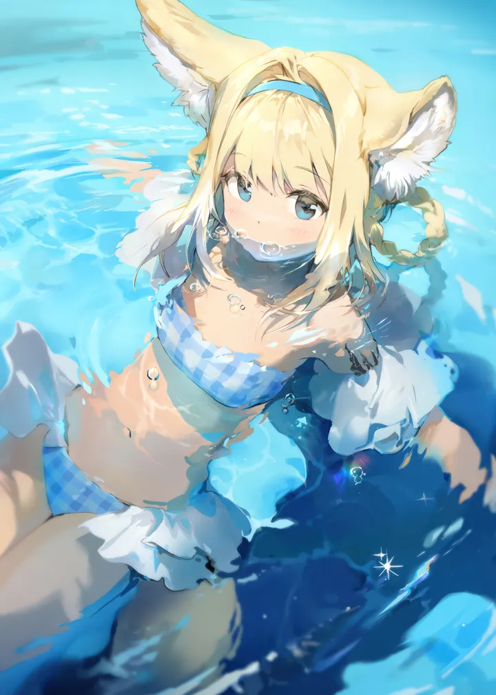 1girl,braid,twin_braids,animal_ears,bangs,solo,hairband,sidelocks,strapless,strapless_bikini,plaid,plaid_bikini,bikini,water,bubble,swimsuit,fox_girl,fox_ears,looking_at_viewer,alternate_costume,vertical,animal_ear_fluff,navel,blush,frills,frilled_bikini,blue_hairband,blue_bikini,blue_eyes,hair_intakes,partially_submerged,blonde_hair,long_hair,bare_shoulders,hair_rings