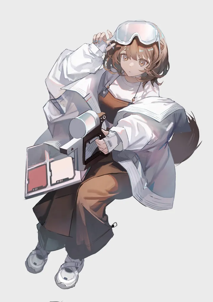 1girl,full_body,animal_ears,solo,sitting,goggles_on_head,jacket,tail,overalls,goggles,holding,simple_background,brown_hair,brown_eyes,otter_ears,white_jacket,white_background,white_shirt,white_footwear,looking_at_viewer,short_hair,vertical,blue_nails,shirt,open_jacket,open_clothes,long_sleeves,shoes