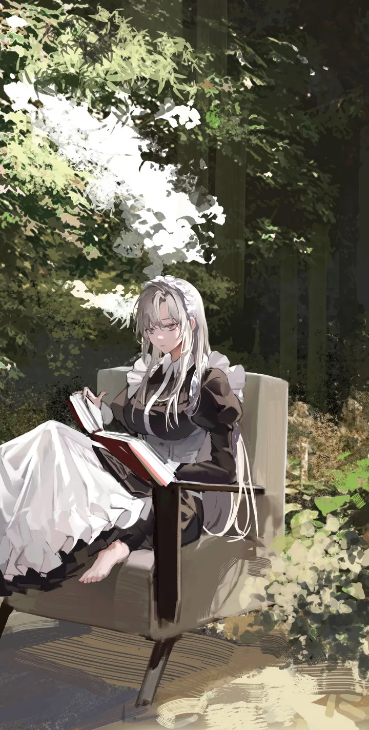 1girl,book,breasts,bangs,solo,closed_mouth,apron,sitting,maid,maid_apron,maid_headdress,holding,holding_book,juliet_sleeves,tree,chair,grey_hair,grey_eyes,white_apron,glasses,vertical,open_book,frills,frilled_apron,puffy_sleeves,barefoot,dress,long_hair,long_sleeves,reading,black_dress