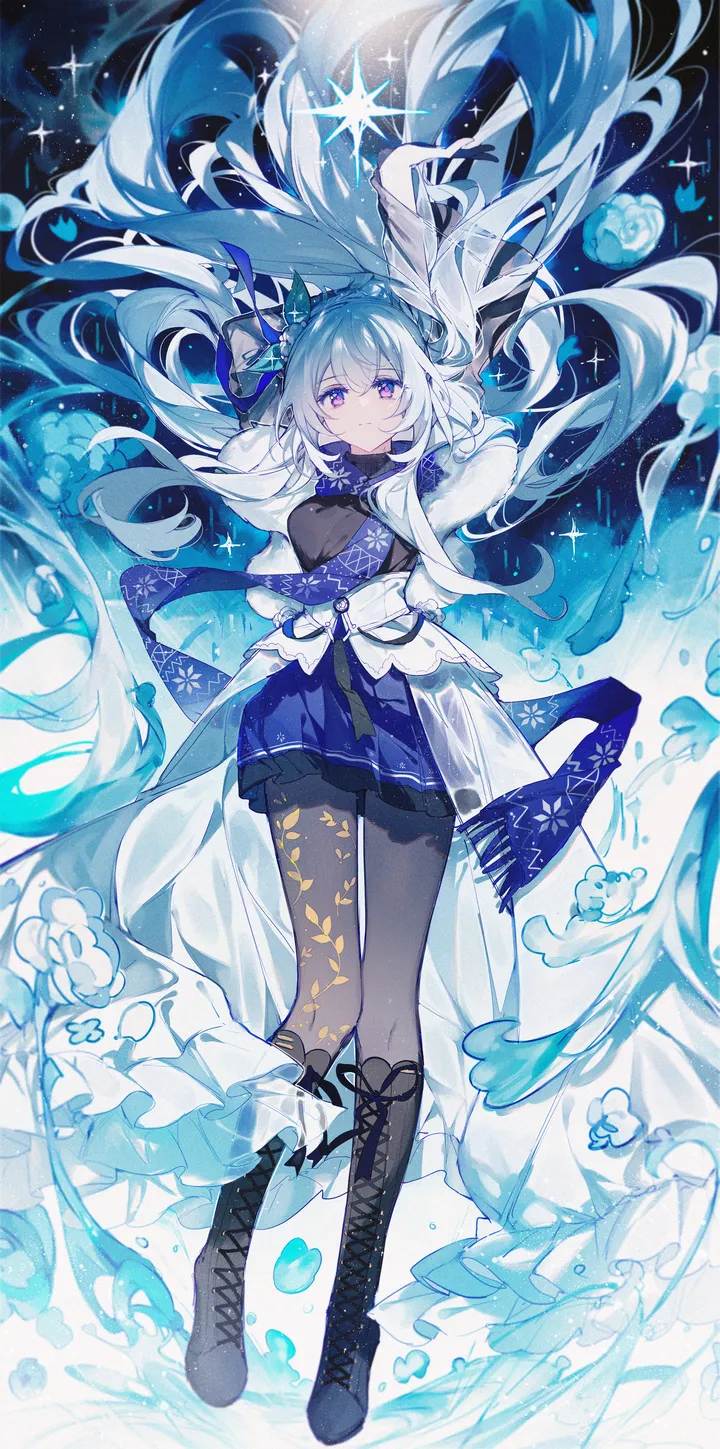 1girl,arms_up,breasts,full_body,bangs,solo,knee_boots,closed_mouth,hair_ornament,very_long_hair,gloves,water,white_hair,looking_at_viewer,skirt,vertical,lace-up_boots,purple_eyes,blue_skirt,dress,pantyhose,long_hair,long_sleeves,boots,cross-laced_footwear,flower,black_footwear