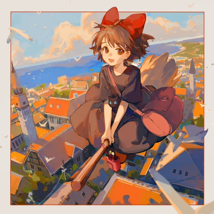 1girl,cloud,animal,bag,solo,shoulder_bag,horizon,city,cityscape,sky,town,open_mouth,outdoors,broom,brown_hair,brown_eyes,ocean,seagull,cat,day,looking_at_viewer,short_hair,short_sleeves,vertical,smile,red_bow,blue_sky,bow,hair_bow,dress,flying,broom_riding,witch,bird,black_cat,black_dress