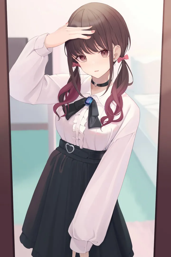 1girl,arm_up,breasts,low_twintails,bangs,solo,twintails,multicolored_hair,indoors,parted_lips,hand_on_own_head,nail_polish,collared_shirt,brown_hair,brown_eyes,blurry,blurry_background,gradient_hair,jewelry,white_shirt,looking_at_viewer,skirt,vertical,red_hair,earrings,brooch,frills,puffy_sleeves,puffy_long_sleeves,bow,hair_bow,shirt,dress_shirt,long_hair,long_sleeves,choker,high-waist_skirt,black_skirt,black_bow,black_choker