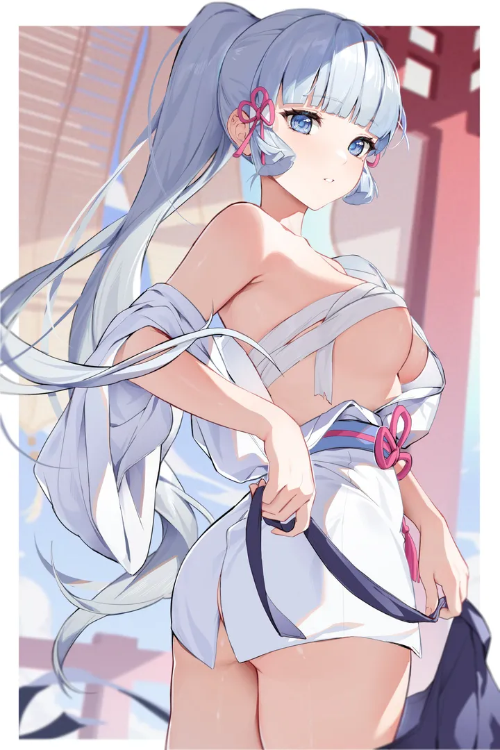 1girl,cowboy_shot,ribbon,medium_breasts,breasts,areola_slip,from_side,bangs,solo,tress_ribbon,kimono,thighs,hair_ribbon,sidelocks,wide_sleeves,ass,very_long_hair,parted_lips,japanese_clothes,sash,mole_under_eye,mole,white_kimono,white_hair,blunt_bangs,looking_at_viewer,vertical,standing,pink_ribbon,flower_knot,chest_sarashi,blush,blue_hair,blue_eyes,sarashi,twisted_torso,large_breasts,long_hair,bare_shoulders,off_shoulder,ponytail