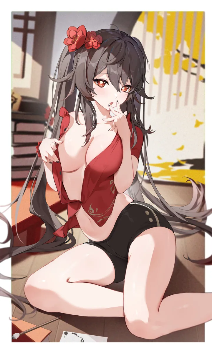 1girl,chinese_clothes,medium_breasts,breasts,cleavage,yokozuwari,bangs,solo,twintails,sitting,thighs,hair_flower,hair_ornament,alternate_breast_size,indoors,stomach,hair_between_eyes,open_mouth,very_long_hair,bracelet,nail_polish,plum_blossoms,brown_hair,no_bra,beads,bead_bracelet,jewelry,looking_at_viewer,short_sleeves,shorts,vertical,symbol-shaped_pupils,short_shorts,red_eyes,red_flower,red_shirt,navel,blush,flower-shaped_pupils,shirt,open_clothes,open_shirt,large_breasts,long_hair,flower,black_nails,black_shorts