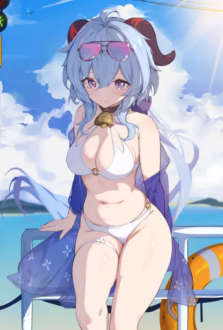 1girl,medium_breasts,breasts,cleavage,cloud,bangs,solo,ahoge,closed_mouth,sitting,sunglasses,thighs,thigh_strap,sky,sidelocks,stomach,goat_horns,o-ring_bikini,o-ring,hair_between_eyes,very_long_hair,outdoors,tinted_eyewear,bikini,innertube,swimsuit,ocean,day,white_bikini,looking_at_viewer,eyewear_on_head,alternate_costume,vertical,smile,purple_eyes,navel,blush,blue_sky,blue_hair,horns,large_breasts,bell,neck_bell,long_hair,bare_shoulders,off_shoulder