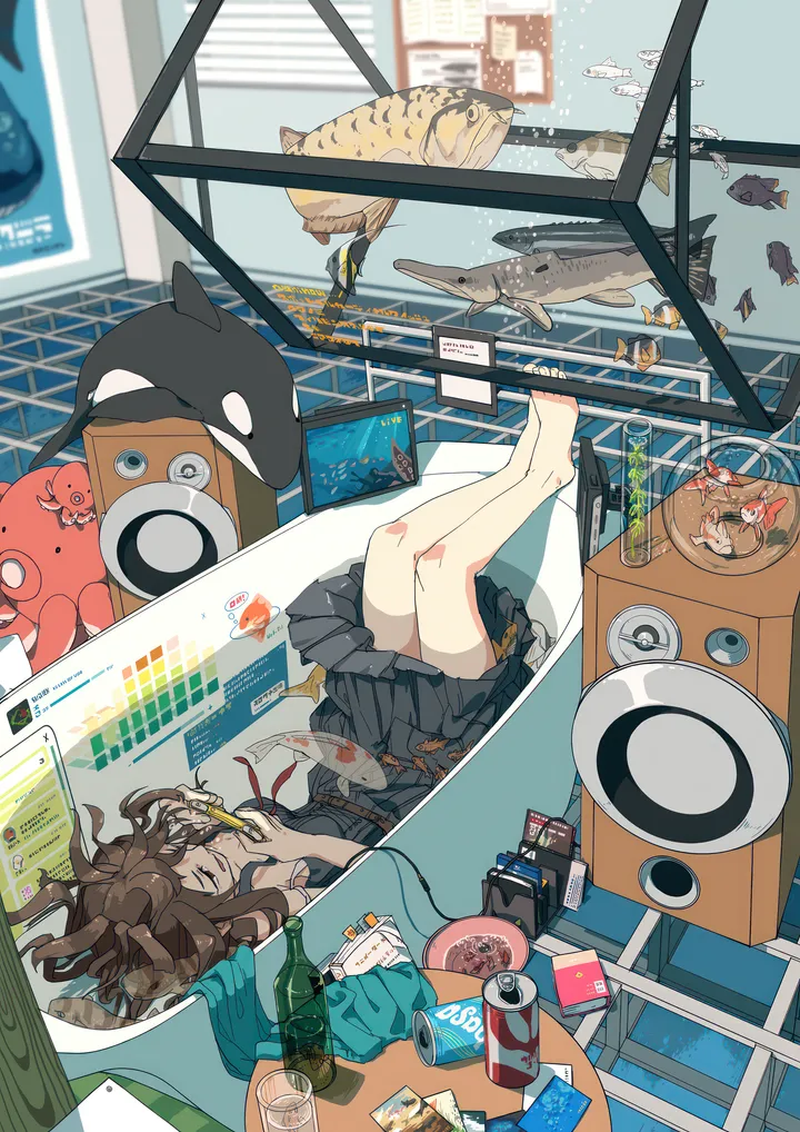 1girl,on_back,solo,closed_eyes,indoors,can,brown_hair,bubble,bottle,pleated_skirt,skirt,vertical,octopus,bare_legs,barefoot,lying,long_hair,food,fish