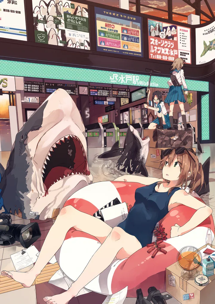 3girls,one-piece_swimsuit,animal,bag,sitting,sunglasses,multiple_girls,indoors,open_mouth,holding,gun,school_uniform,brown_hair,brown_eyes,school_swimsuit,serafuku,innertube,swimsuit,camera,teeth,white_shirt,pleated_skirt,eyewear_on_head,short_hair,short_sleeves,skirt,vertical,standing,box,paper,cardboard_box,blue_skirt,blue_one-piece_swimsuit,shirt,socks,barefoot,long_hair,shoes,ponytail,shark,sharp_teeth,whale,black_hair