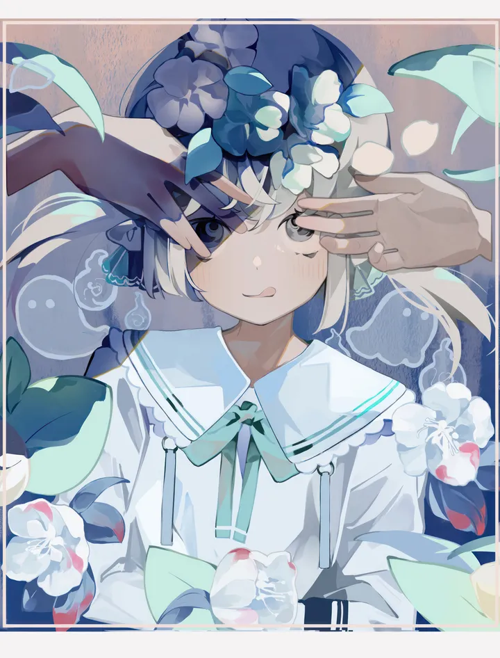 1girl,ribbon,upper_body,bangs,solo,twintails,tongue_out,collared_shirt,sailor_collar,grey_hair,white_hair,white_flower,white_shirt,looking_at_viewer,vertical,smile,blush,tongue,frilled_shirt_collar,blue_eyes,bow,shirt,border,long_hair,long_sleeves,flower