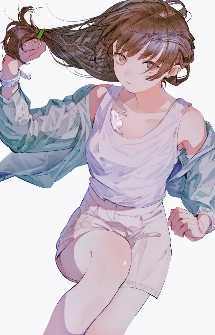 1girl,bangs,solo,closed_mouth,jacket,bracelet,tank_top,simple_background,brown_hair,brown_eyes,jewelry,white_shorts,white_tank_top,white_background,white_shirt,looking_at_viewer,shorts,vertical,shirt,open_jacket,open_clothes,collarbone,long_hair,long_sleeves,bare_shoulders