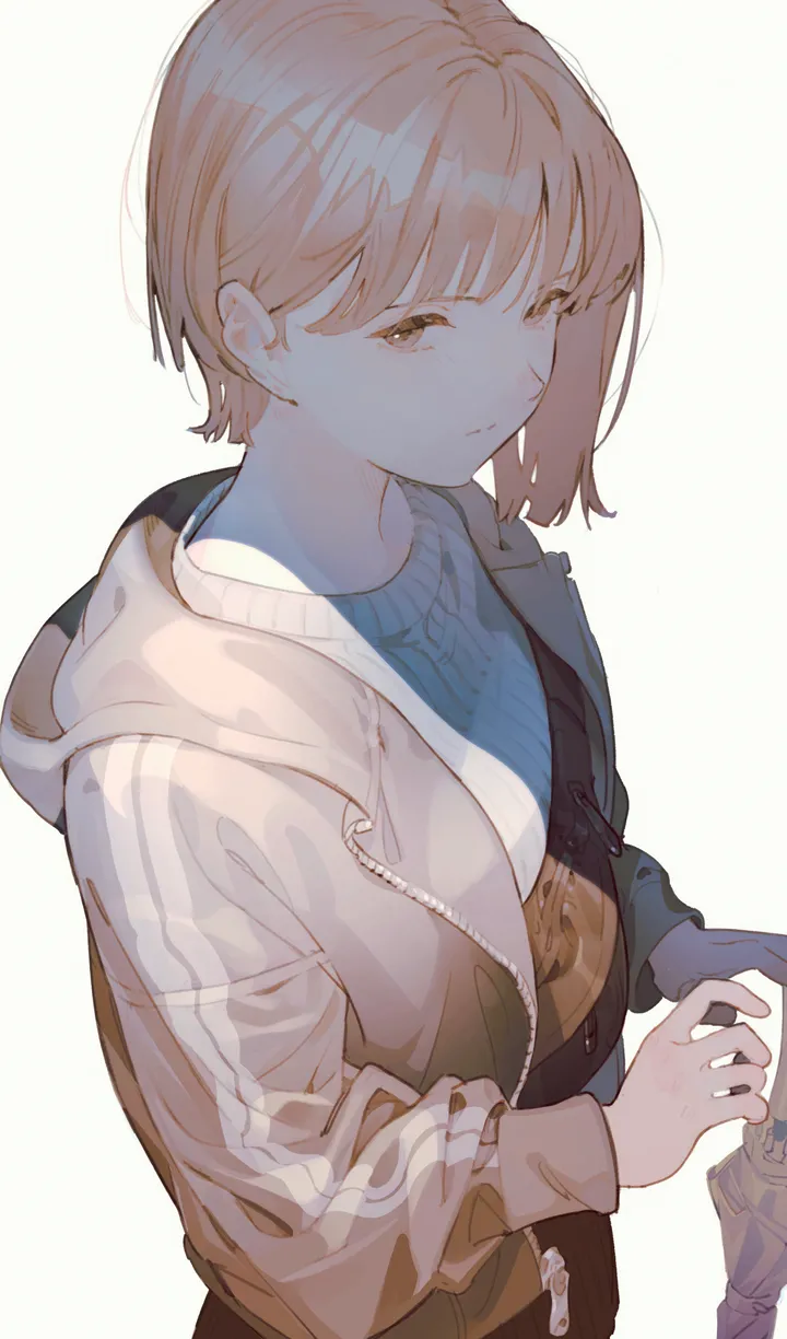 1girl,upper_body,hood,bangs,solo,closed_mouth,jacket,zipper,holding,simple_background,brown_jacket,brown_eyes,ribbed_sweater,sweater,hood_down,white_background,looking_at_viewer,short_hair,skirt,vertical,open_jacket,open_clothes,long_sleeves