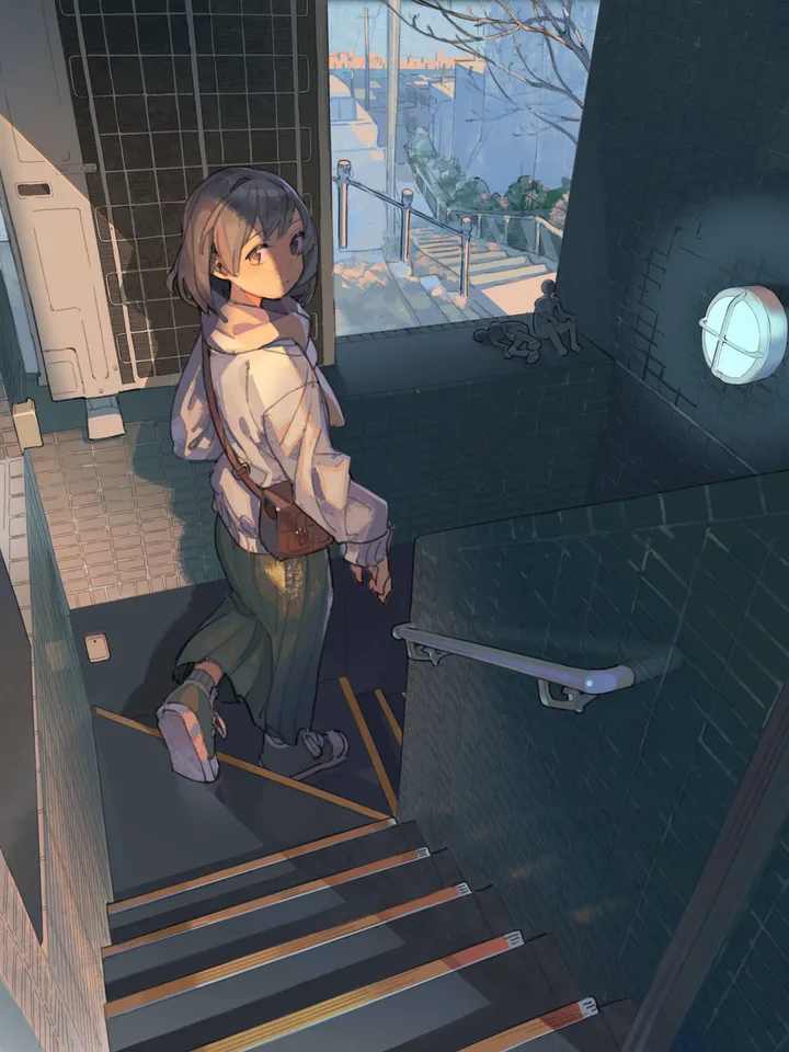 1girl,bag,solo,shoulder_bag,stairs,looking_back,scarf,building,outdoors,handbag,tree,brown_hair,brown_eyes,sweater,white_sweater,looking_at_viewer,short_hair,skirt,vertical,green_skirt,long_sleeves,long_skirt,shoes