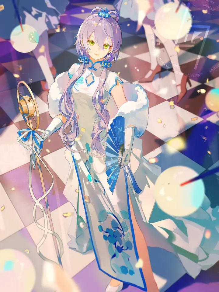 1girl,chinese_clothes,breasts,bangs,solo,twintails,hair_ornament,hair_between_eyes,hand_fan,gloves,folding_fan,holding_fan,holding,china_dress,checkered_floor,white_gloves,white_dress,looking_at_viewer,vertical,standing,smile,purple_hair,green_eyes,blue_dress,dress,long_hair,shoes,high_heels