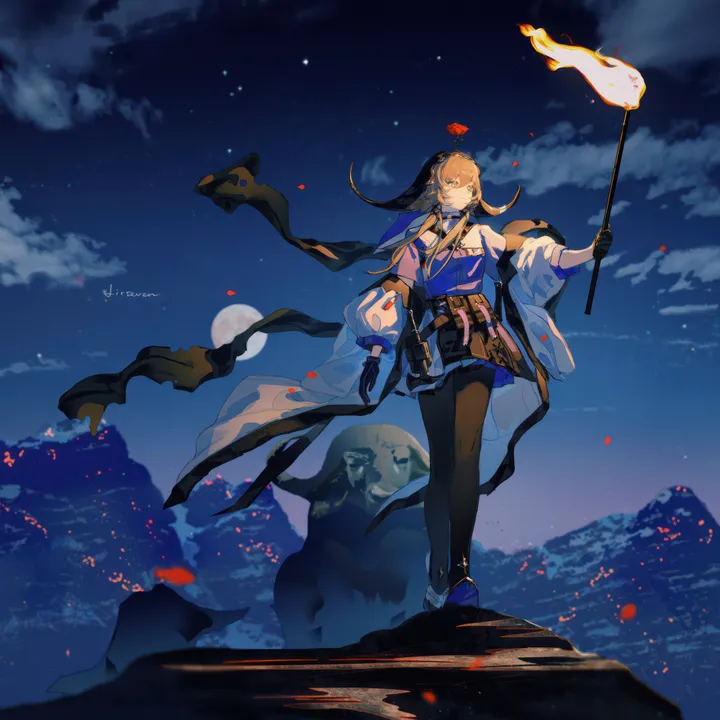 1girl,cloud,full_body,animal_ears,bangs,solo,closed_mouth,night,night_sky,sky,sidelocks,jacket,mountain,short_hair_with_long_locks,outdoors,gloves,holding_staff,holding,moon,staff,brown_hair,full_moon,fire,cow_girl,cow_ears,cow_horns,rose,white_jacket,skirt,vertical,standing,red_rose,red_flower,petals,blue_shirt,shirt,horns,open_clothes,pantyhose,long_sleeves,statue,off_shoulder,veil,flower,black_gloves,black_pantyhose