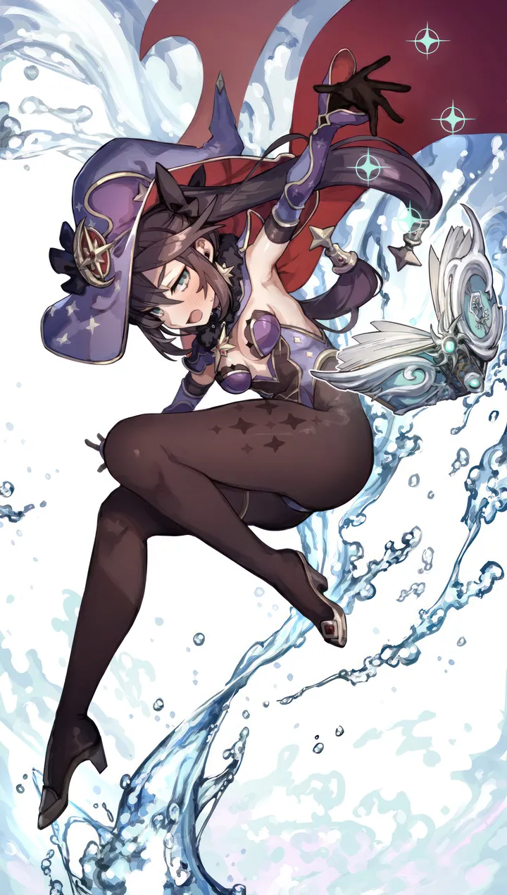 1girl,detached_sleeves,medium_breasts,book,breasts,full_body,bangs,solo,twintails,witch_hat,hat_ornament,hat,open_mouth,gloves,cape,star_symbol,star_earrings,fur_collar,water,aqua_eyes,hydrokinesis,jewelry,looking_at_viewer,vertical,leotard,purple_headwear,green_eyes,earrings,armpits,blue_leotard,small_breasts,pantyhose,gold_trim,long_hair,elbow_gloves,highleg,highleg_leotard,high_heels,black_hair,black_gloves,black_pantyhose